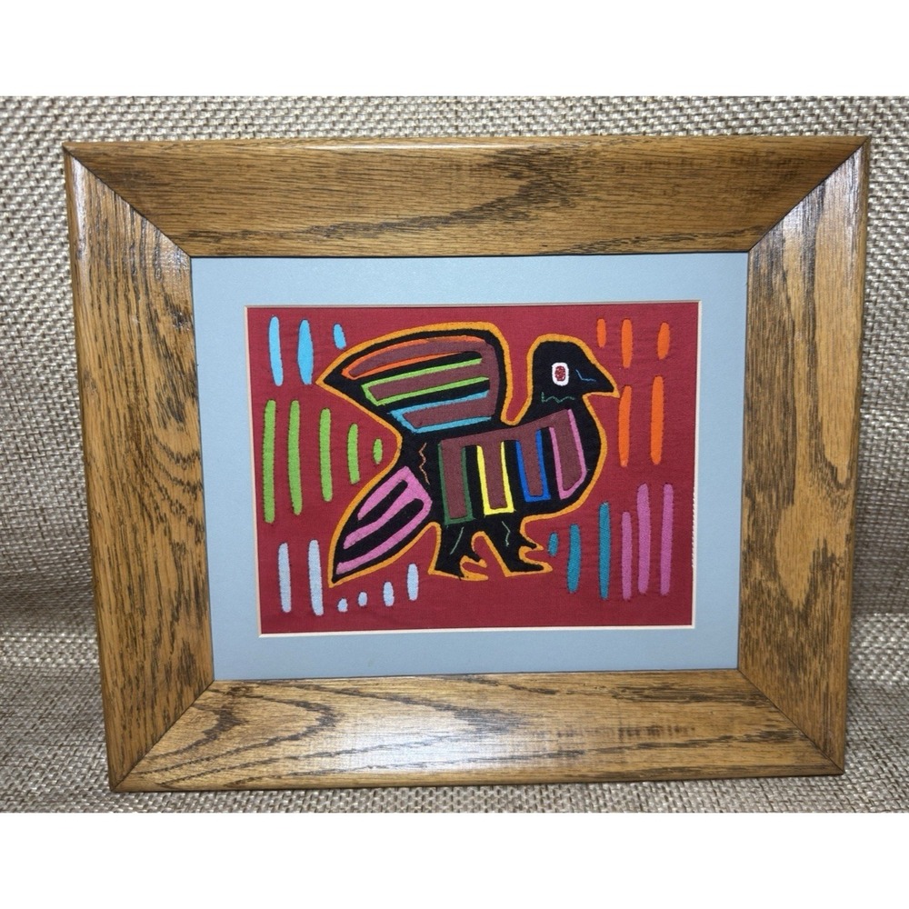 Vtg Kuna Indian Panama Mola Textile Bird Matted Framed‎ Multicolored Folk Art